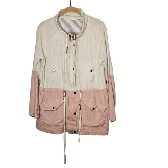 Blu Pepper anthropologie Two-Tone Linen-Blend Jacket With Drawstring Waist Sz‎ L - Picture 1 of 14